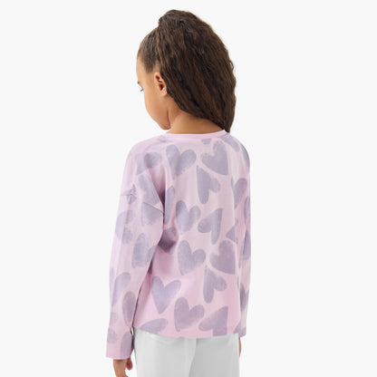 Juniors Girls Crew Neck T-Shirt with Heart Print - Cotton - Long Sleeves