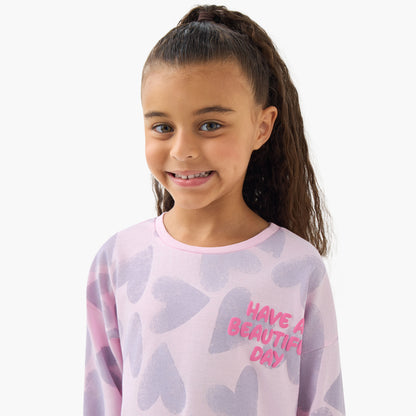 Juniors Girls Crew Neck T-Shirt with Heart Print - Cotton - Long Sleeves