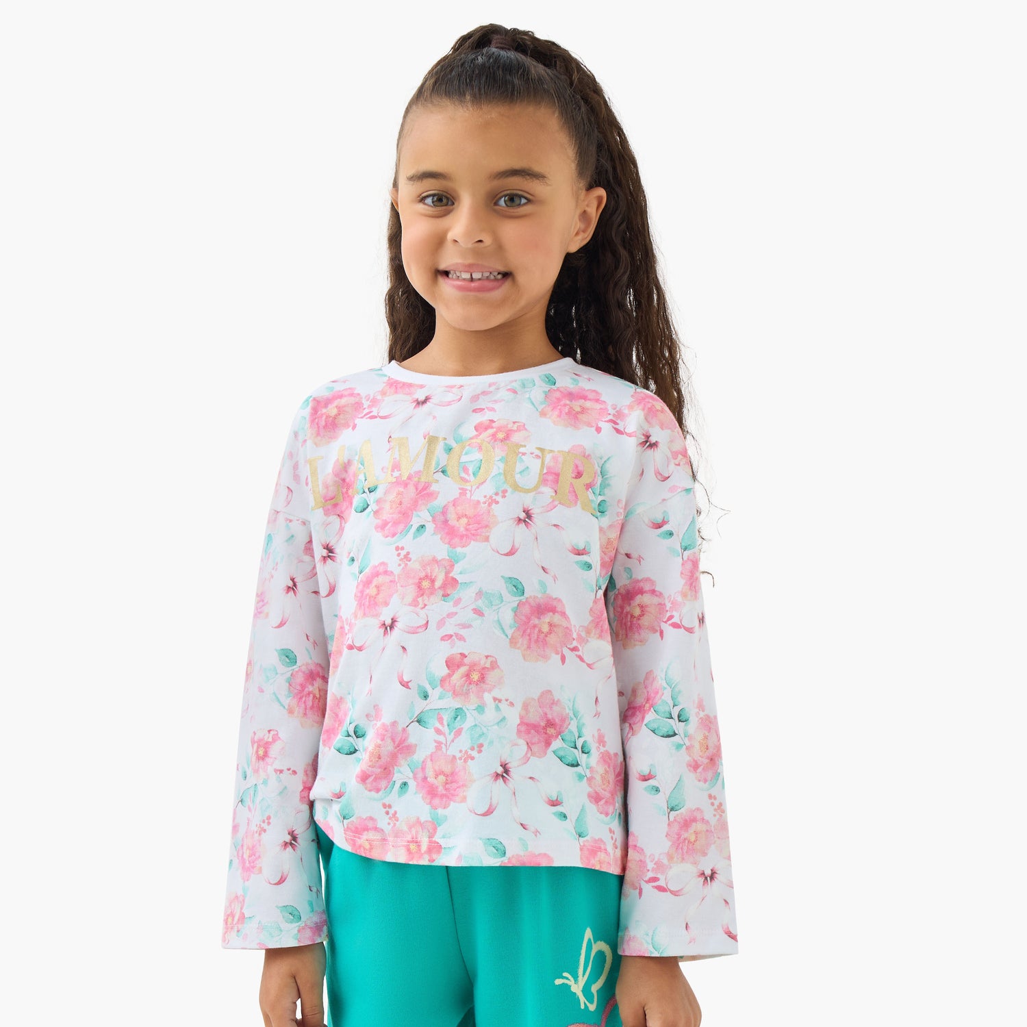 Juniors Girls Crew Neck T-shirt with Floral Print - Cotton - Long Sleeves - White / 1-2 yrs