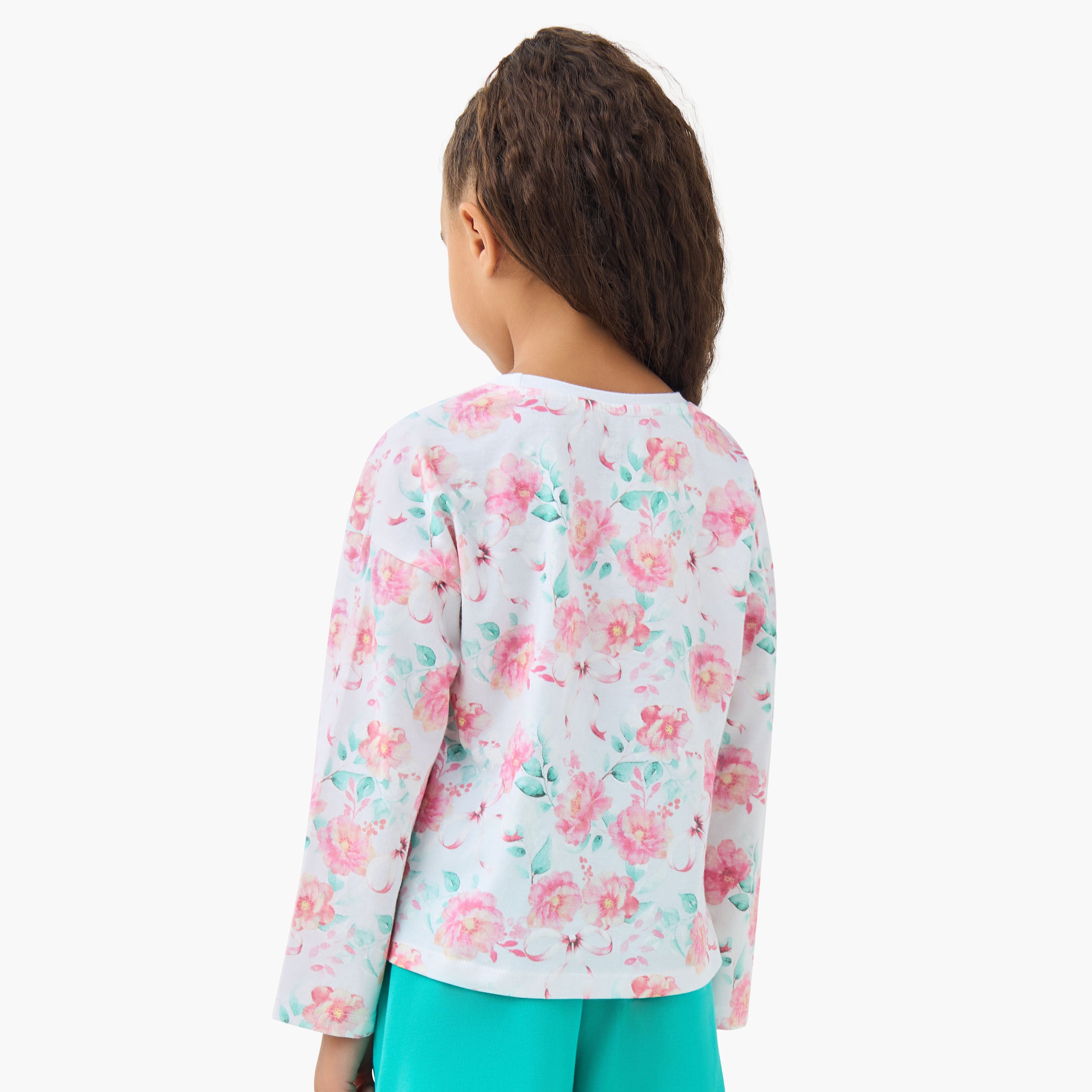 Juniors Girls Crew Neck T-shirt with Floral Print - Cotton - Long Sleeves