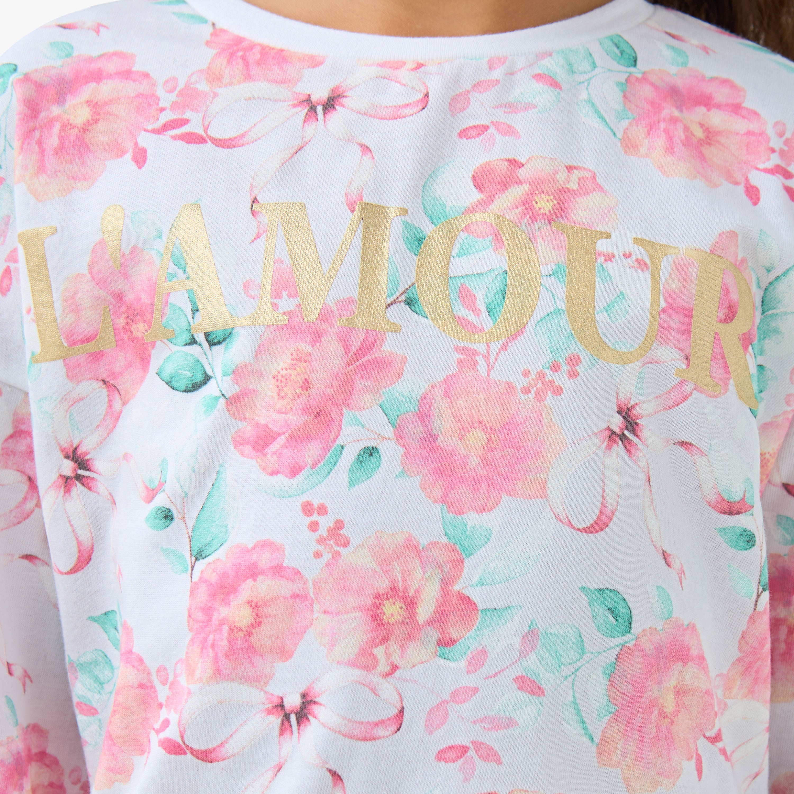 Juniors Girls Crew Neck T-shirt with Floral Print - Cotton - Long Sleeves
