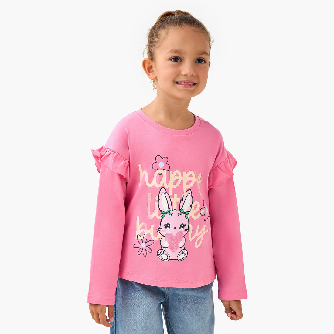 Juniors Crew Neck Long Sleeve T-shirt with Bunny Graphic Print - Pink / 1-2 yrs