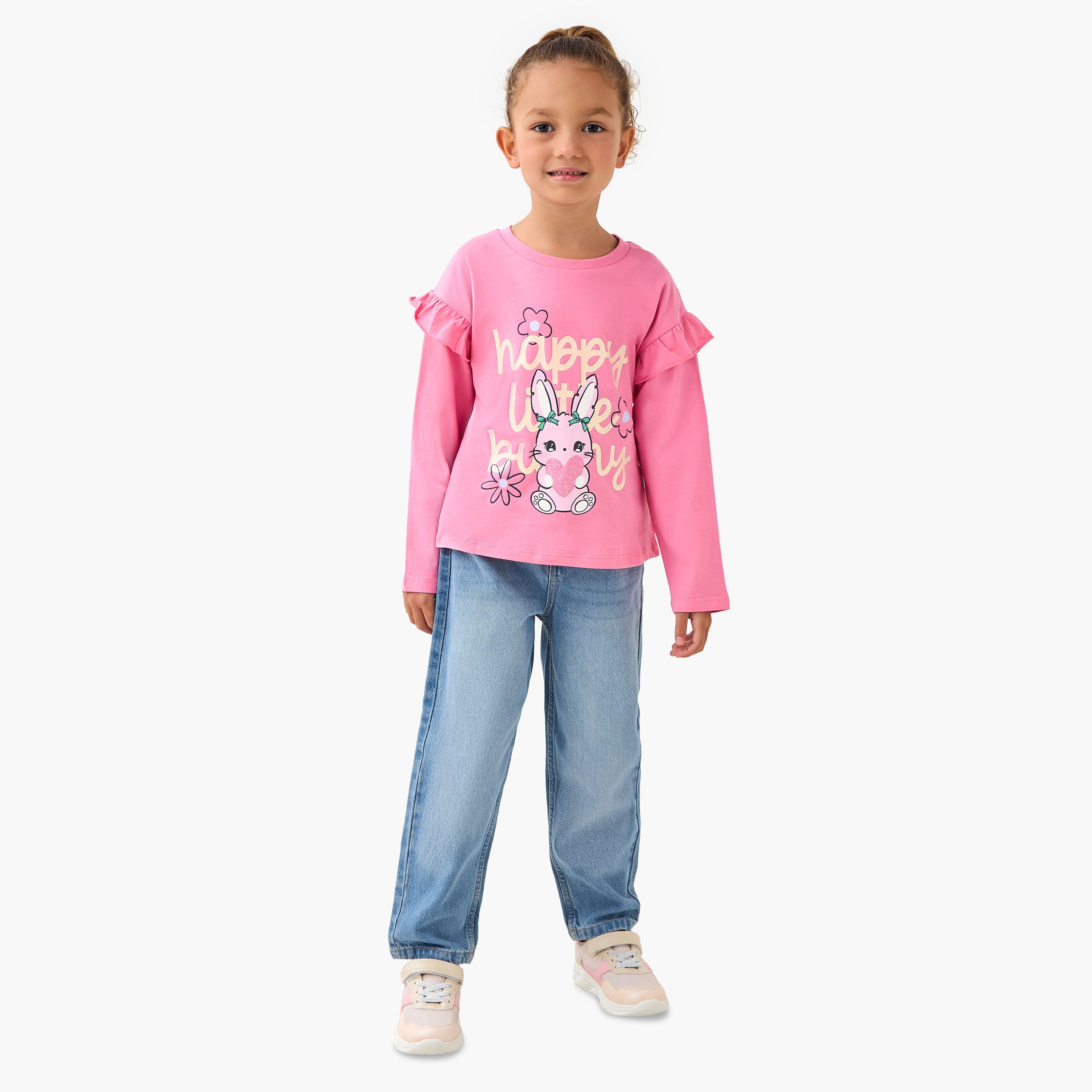 Juniors Crew Neck Long Sleeve T-shirt with Bunny Graphic Print