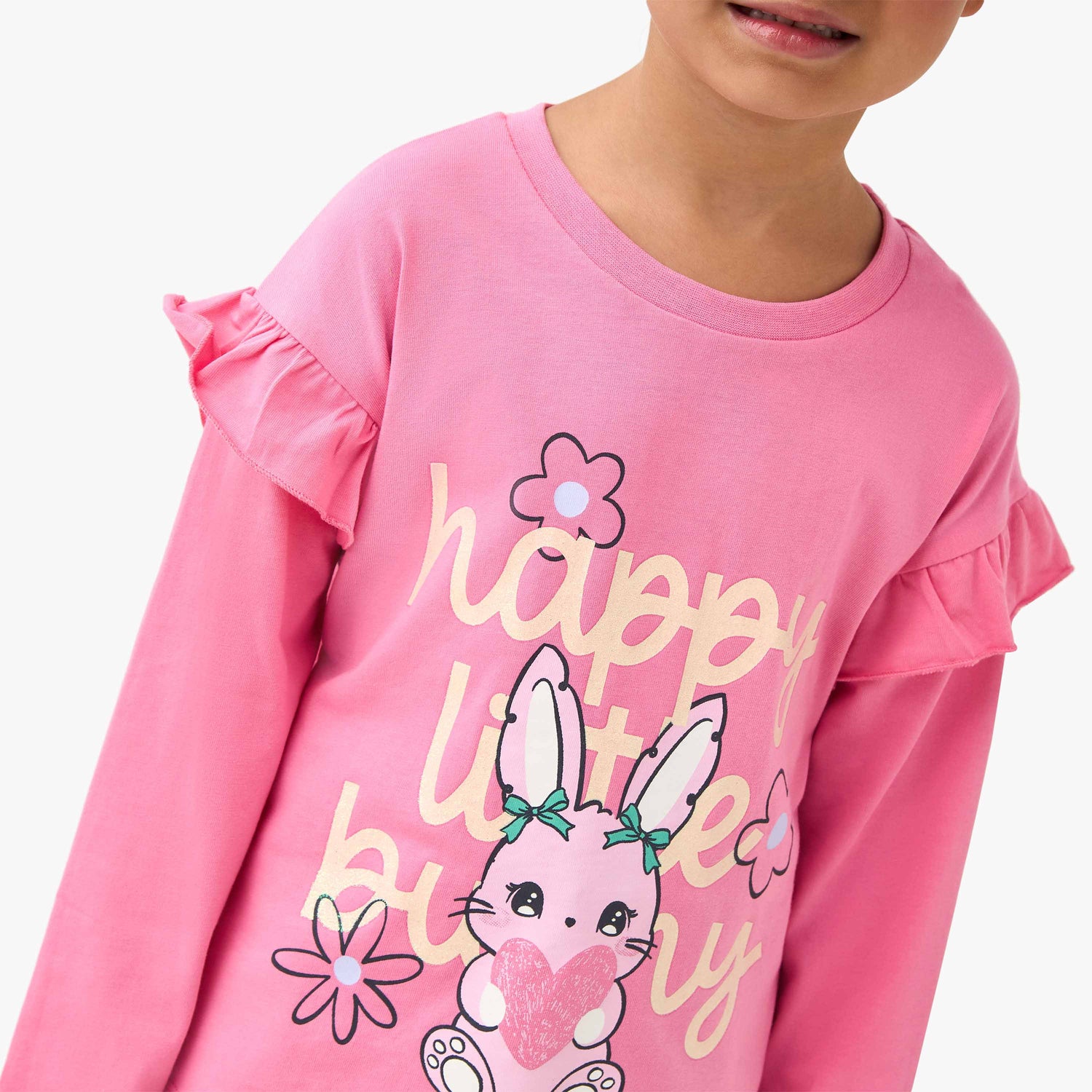 Juniors Crew Neck Long Sleeve T-shirt with Bunny Graphic Print