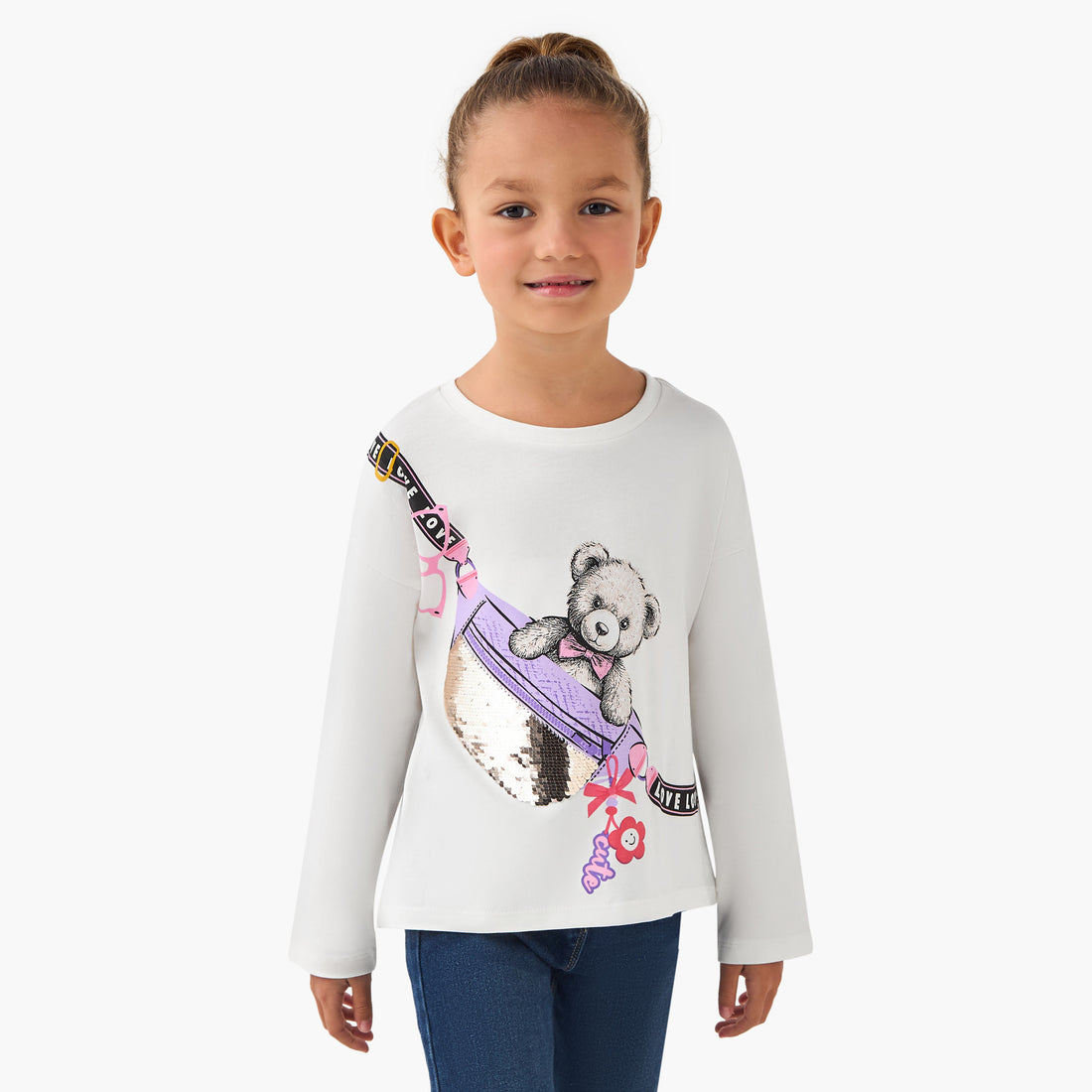 Juniors Crew Neck Long Sleeve T-shirt with Sequin Detail - White / 1-2 yrs