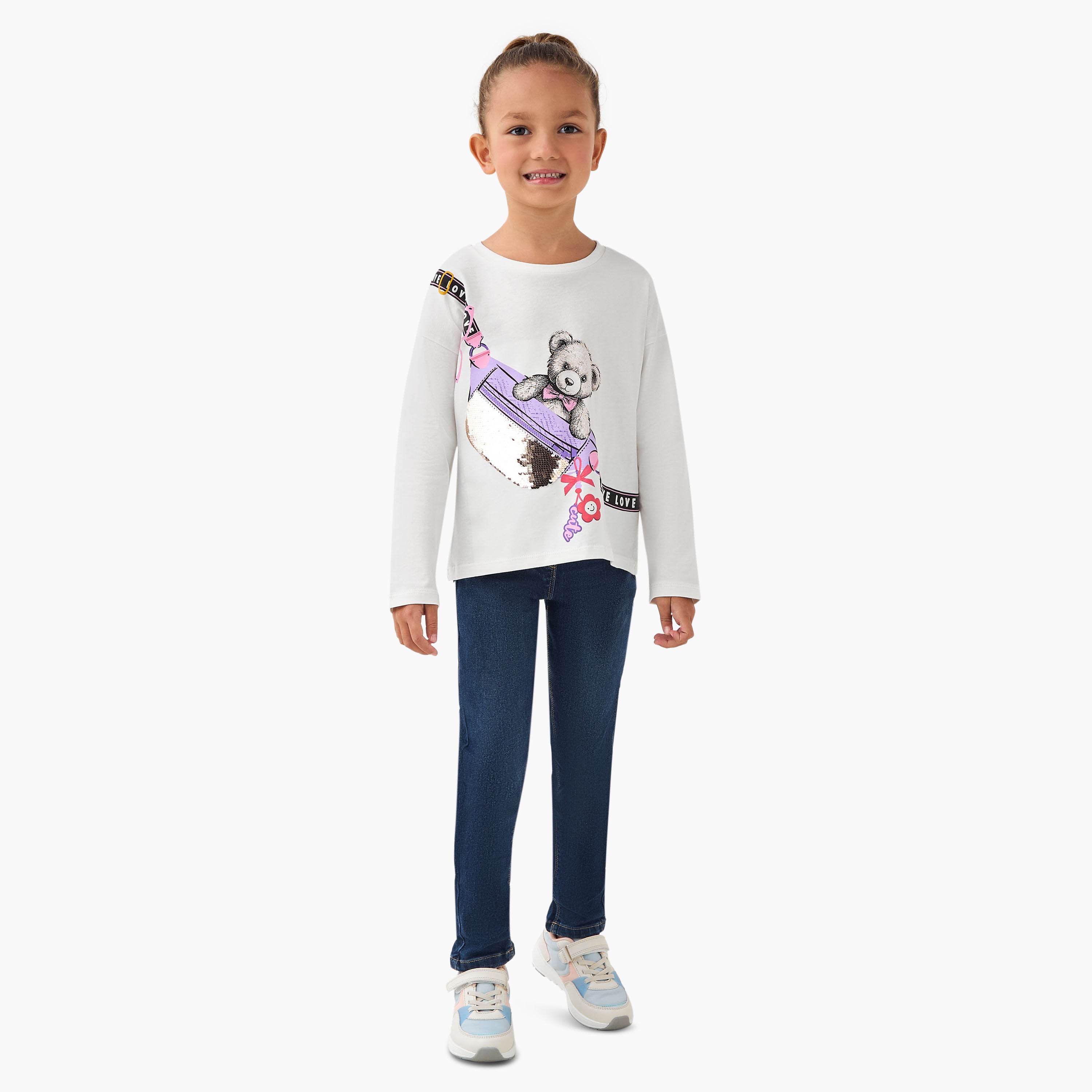 Juniors Crew Neck Long Sleeve T-shirt with Sequin Detail