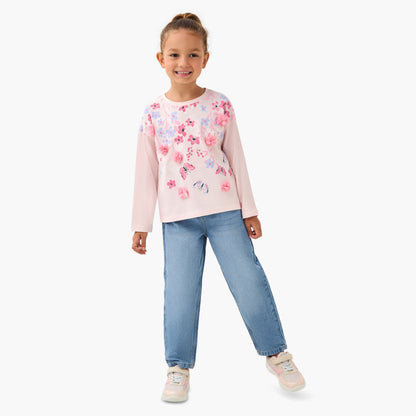 Juniors Crew Neck Long Sleeve T-shirt with Floral Applique