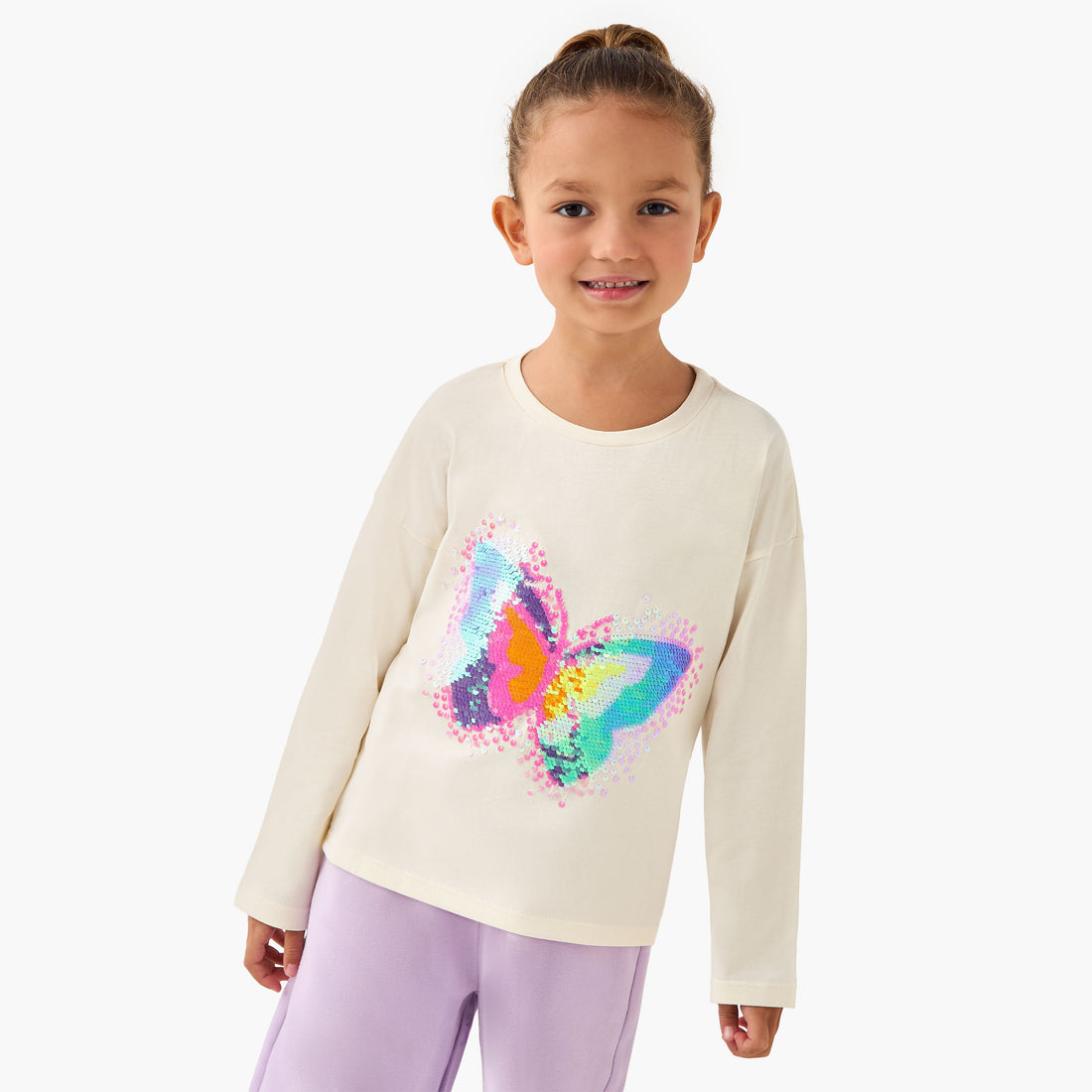 Juniors Round Neck Long Sleeve T-shirt with Embellishment - Cream / 1-2 yrs