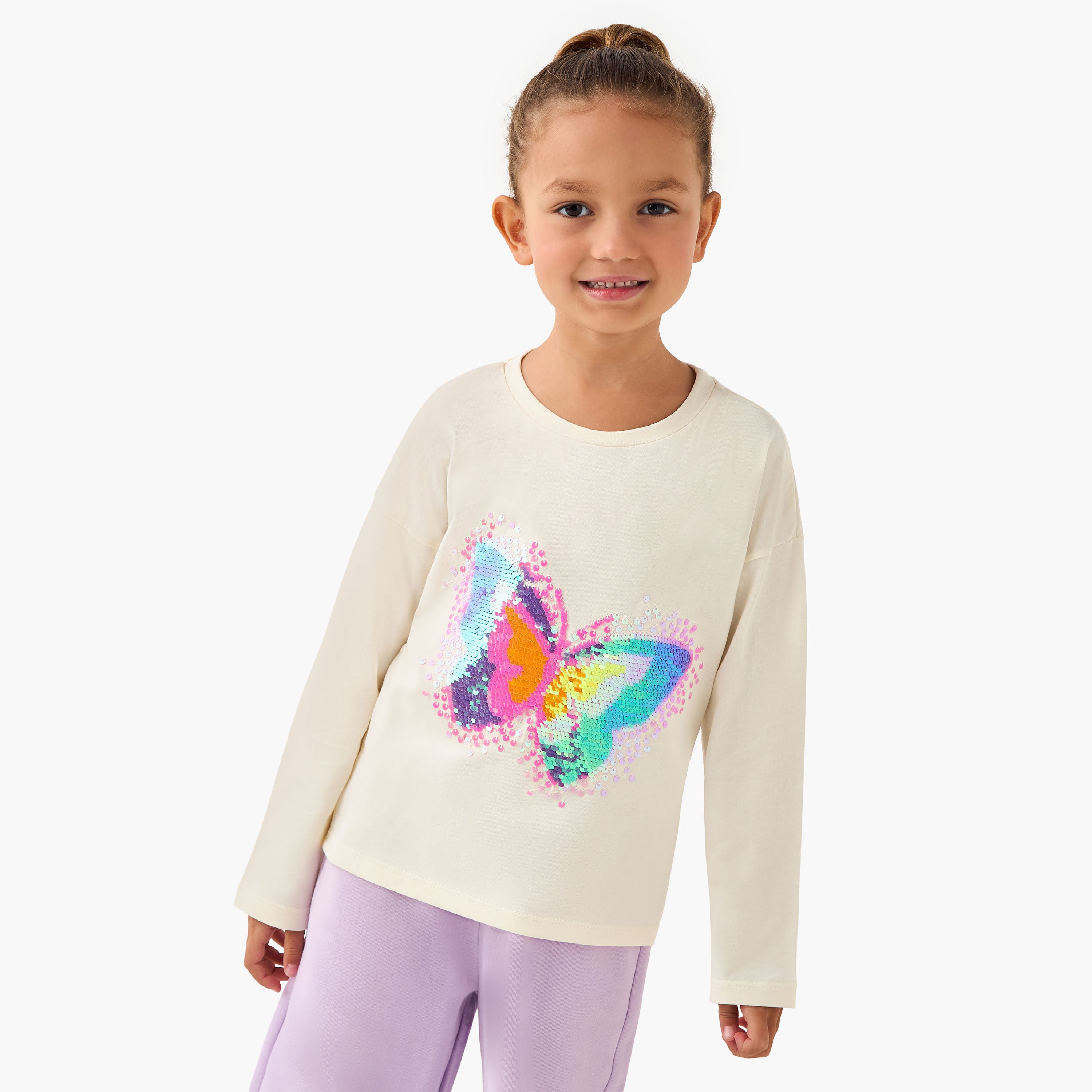 Juniors Round Neck Long Sleeve T-shirt with Embellishment - Cream / 1-2 yrs