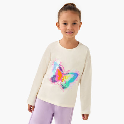 Juniors Round Neck Long Sleeve T-shirt with Embellishment - Cream / 1-2 yrs