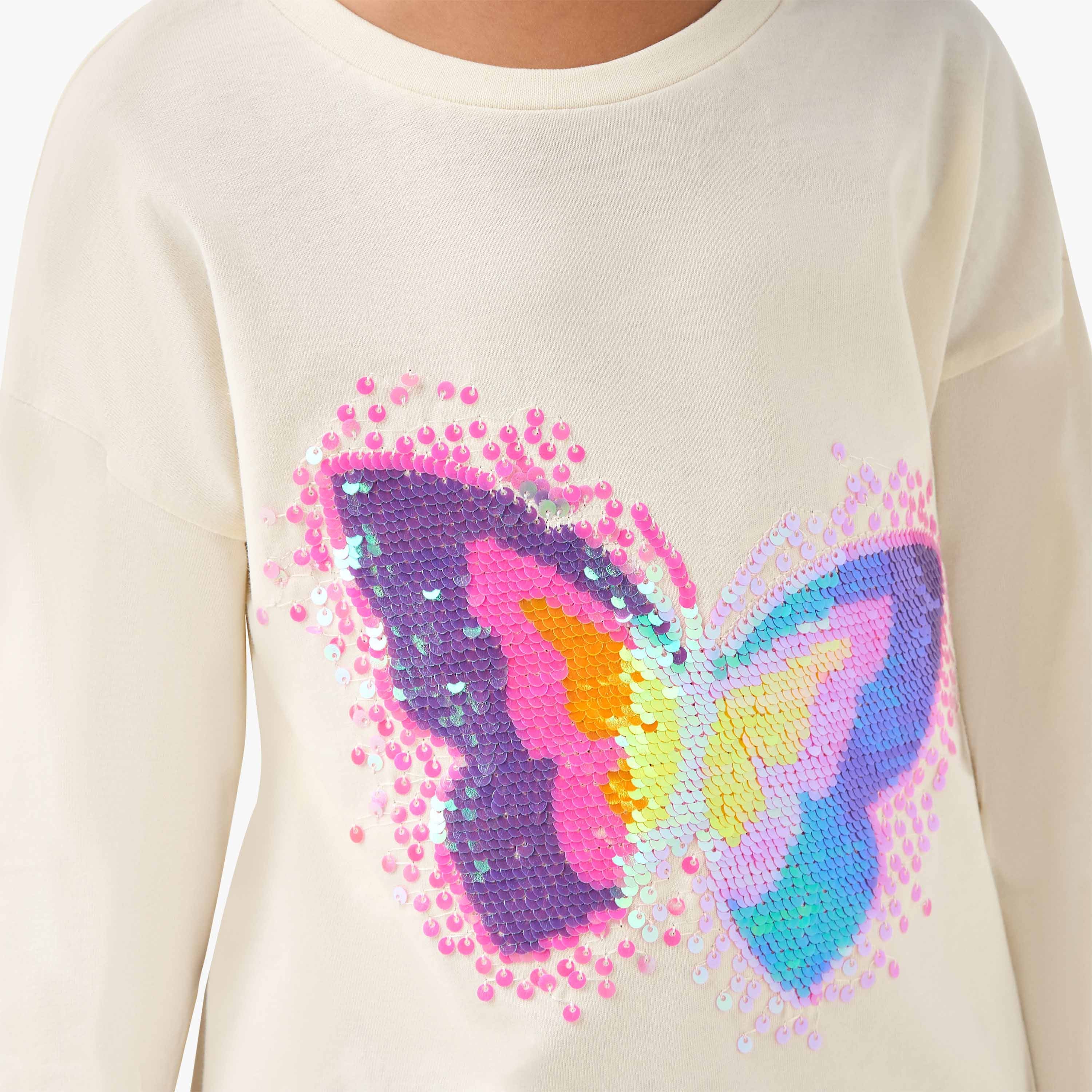 Juniors Round Neck Long Sleeve T-shirt with Embellishment