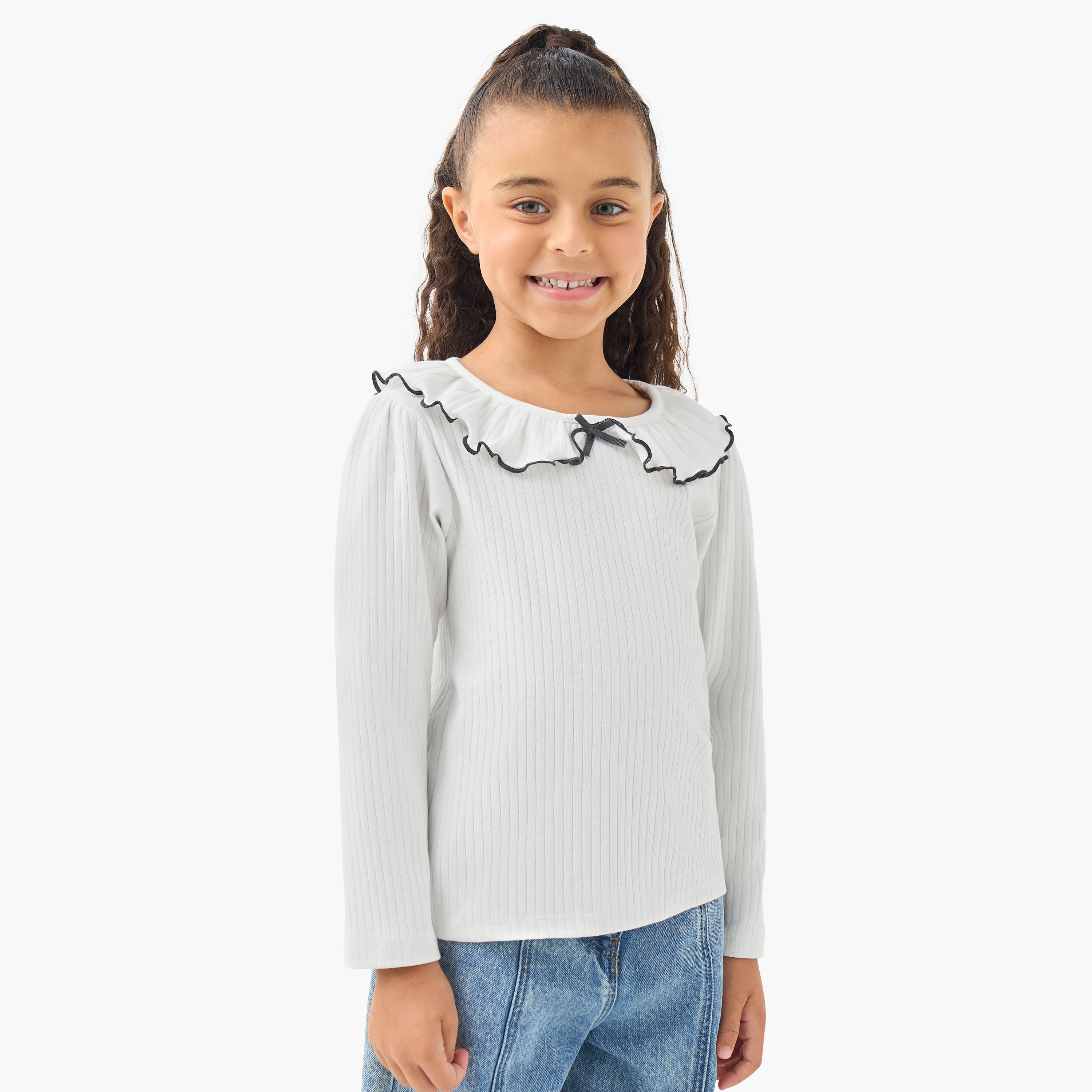Juniors Girls Ruffled Collar T-shirt with Ribbed Texture - Cotton - Long Sleeves