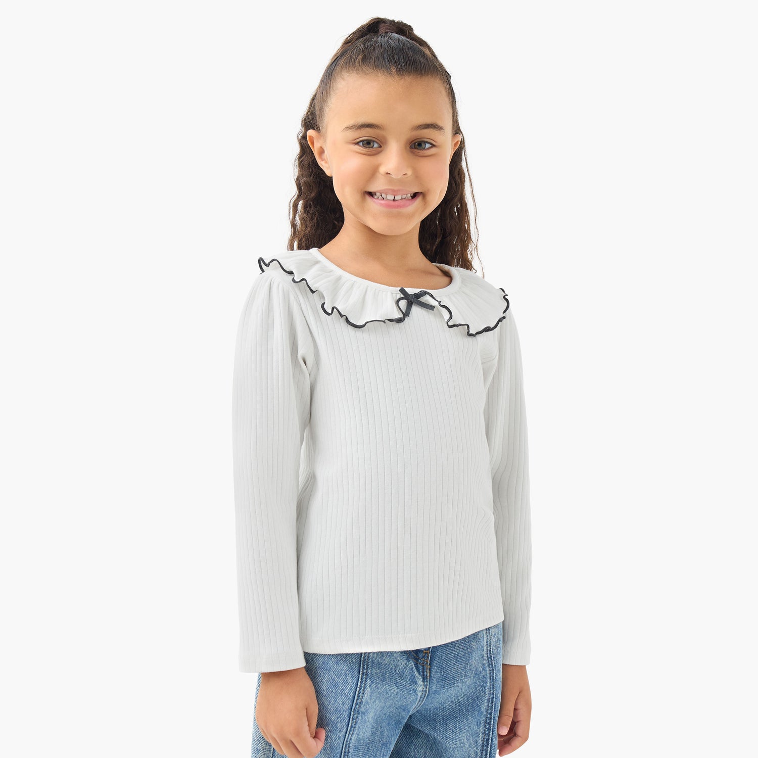 Juniors Girls Ruffled Collar T-shirt with Ribbed Texture - Cotton - Long Sleeves
