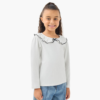 Juniors Girls Ruffled Collar T-shirt with Ribbed Texture - Cotton - Long Sleeves