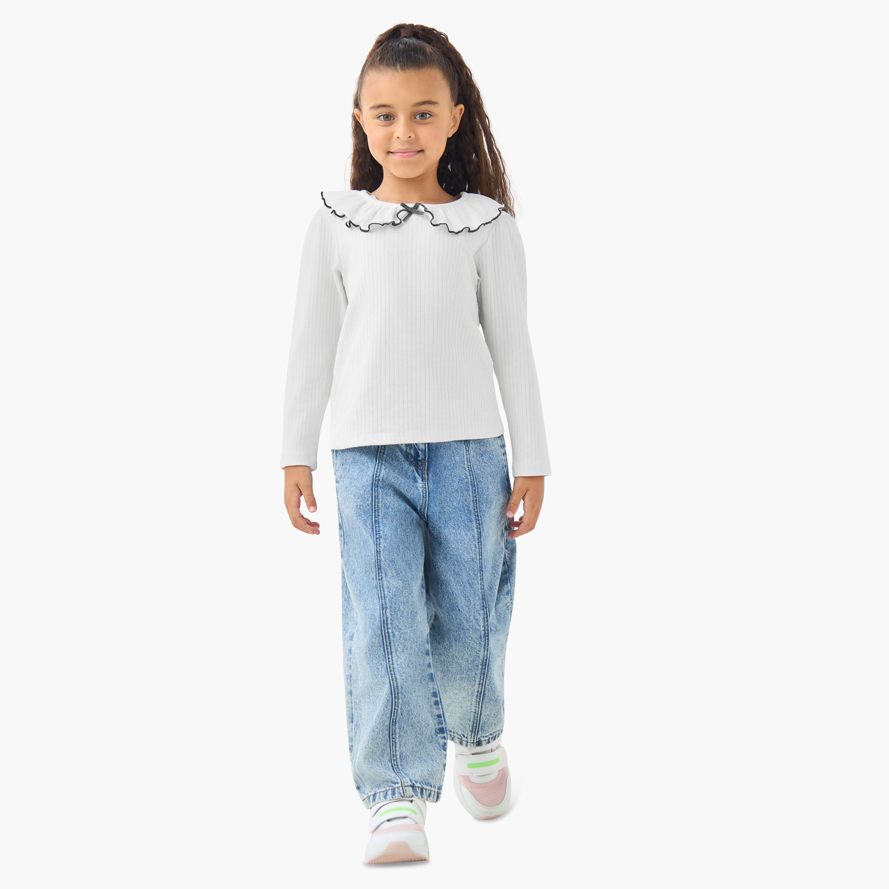 Juniors Girls Ruffled Collar T-shirt with Ribbed Texture - Cotton - Long Sleeves