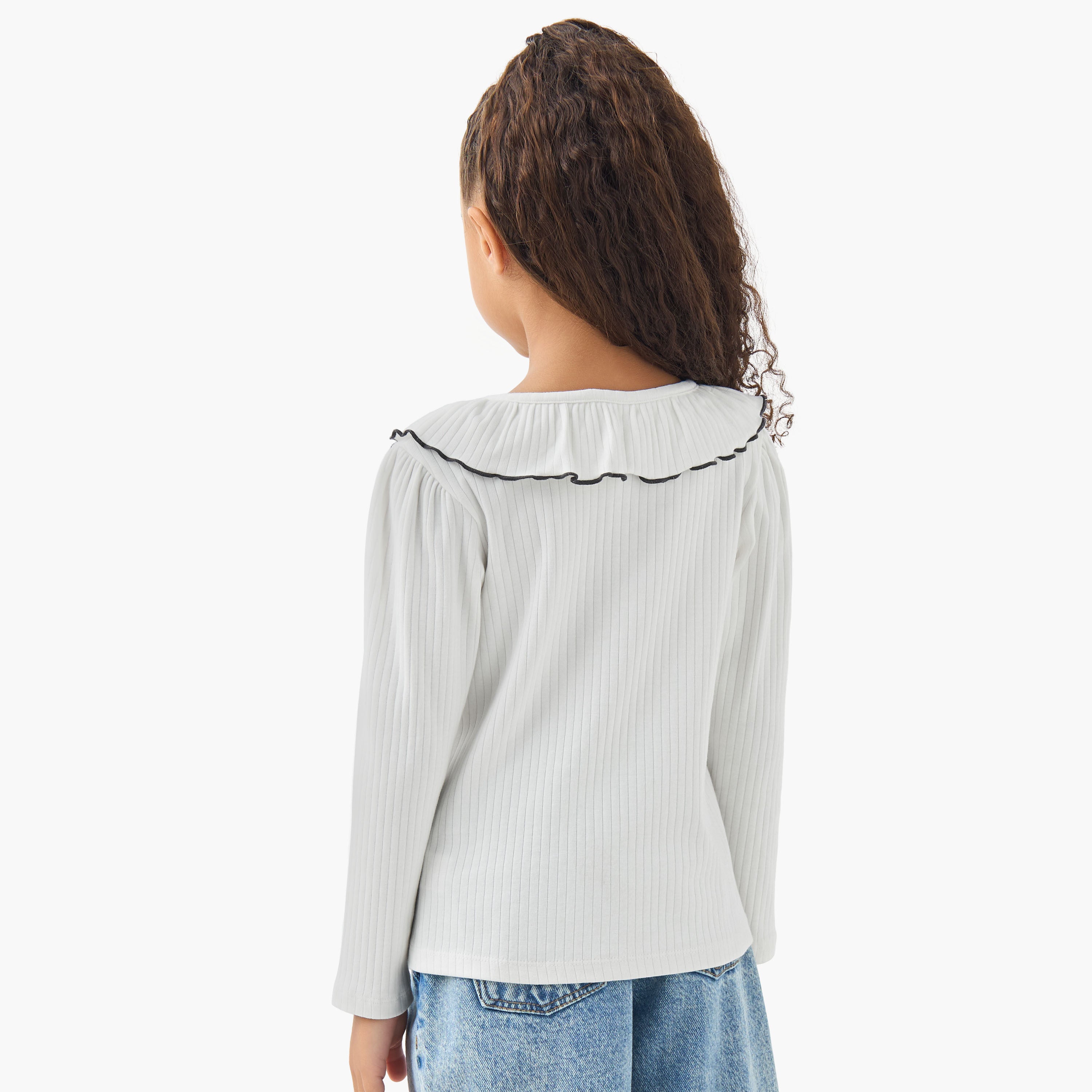 Juniors Girls Ruffled Collar T-shirt with Ribbed Texture - Cotton - Long Sleeves