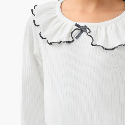 Juniors Girls Ruffled Collar T-shirt with Ribbed Texture - Cotton - Long Sleeves