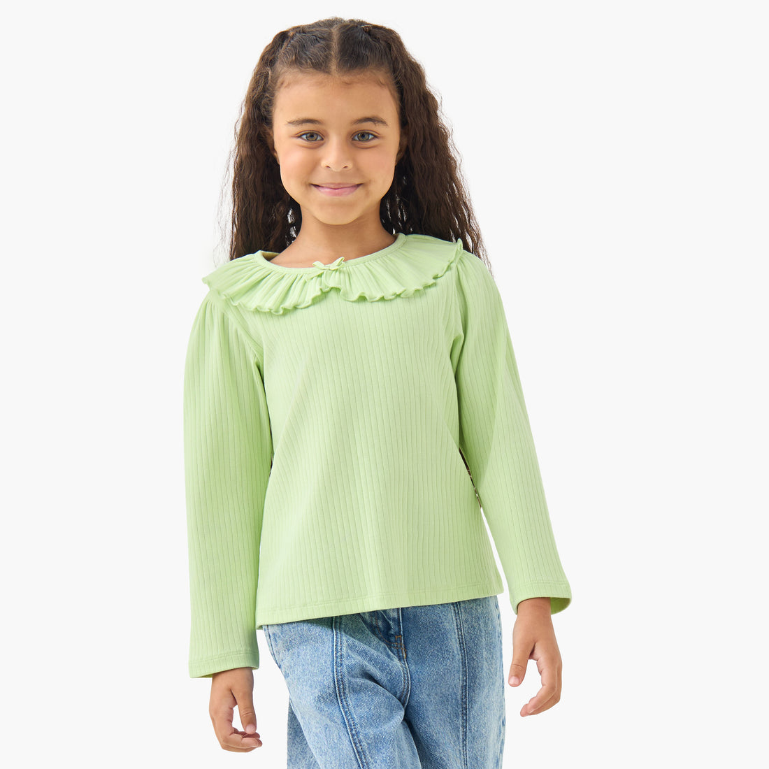 Juniors Girls Ruffled Collar T-shirt with Ribbed Texture - Cotton - Long Sleeves - Green / 1-2 yrs