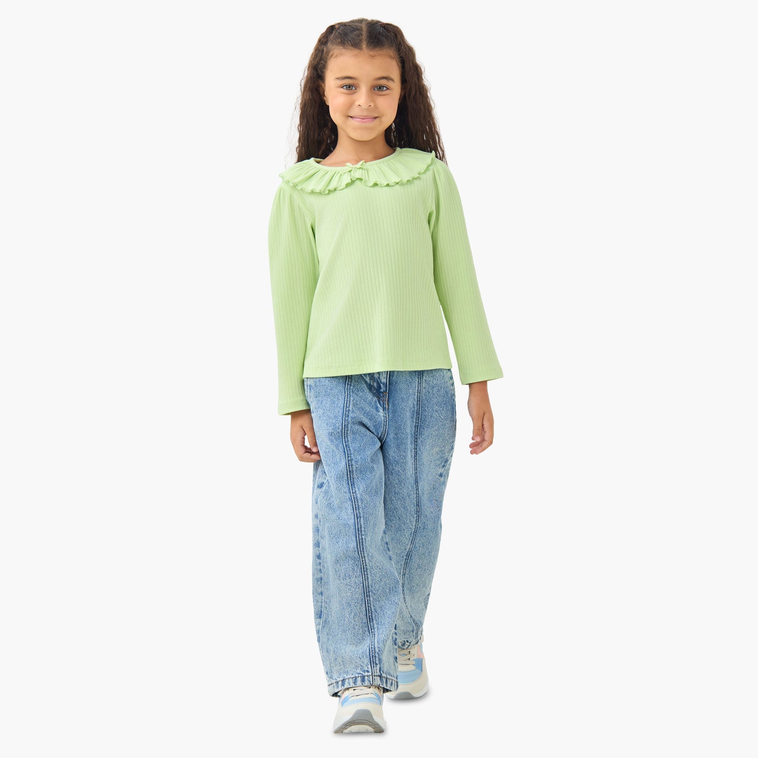 Juniors Girls Ruffled Collar T-shirt with Ribbed Texture - Cotton - Long Sleeves