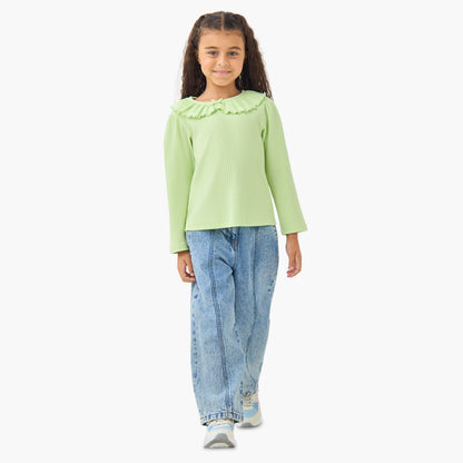Juniors Girls Ruffled Collar T-shirt with Ribbed Texture - Cotton - Long Sleeves