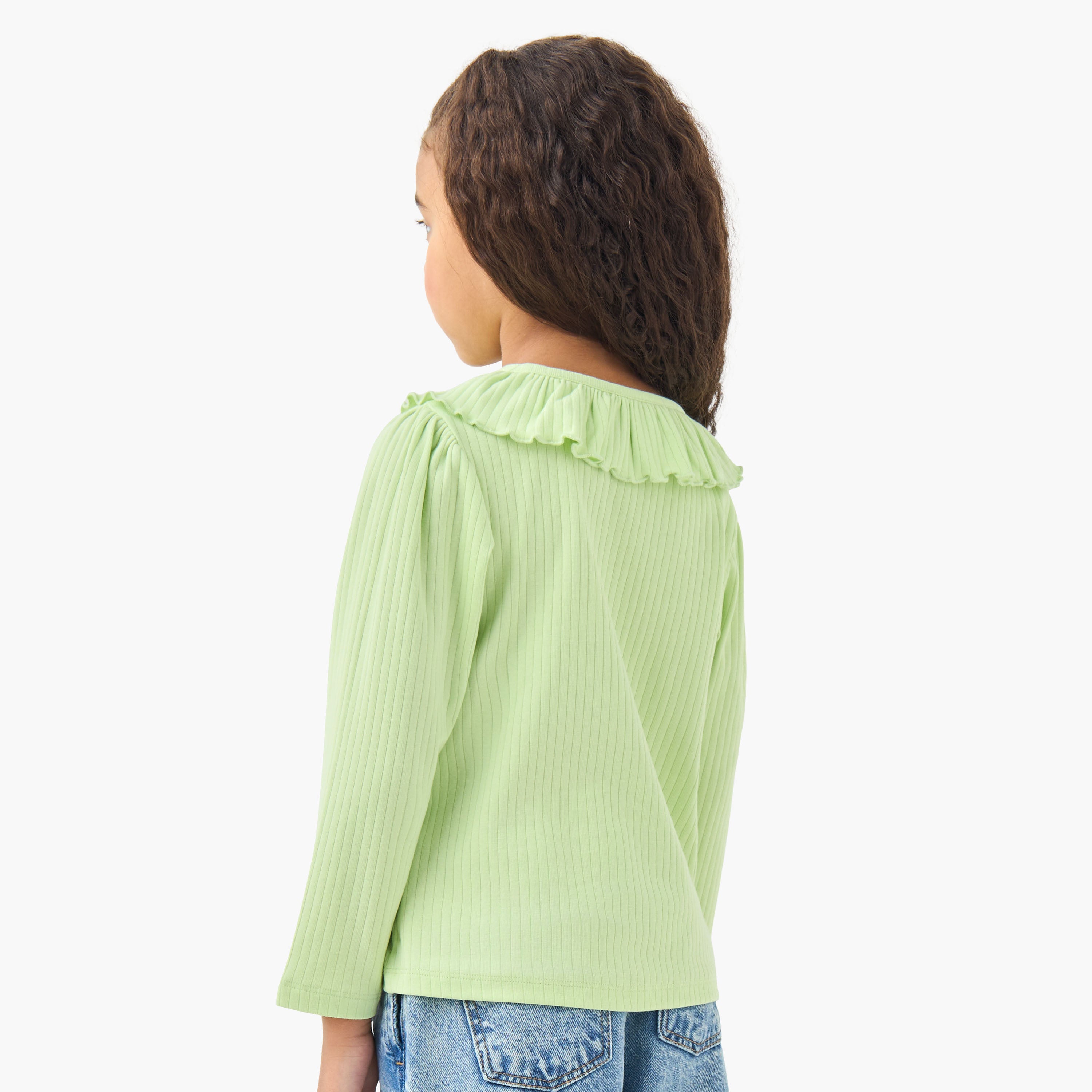 Juniors Girls Ruffled Collar T-shirt with Ribbed Texture - Cotton - Long Sleeves