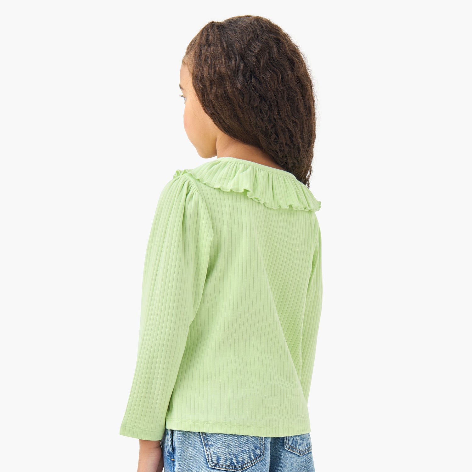 Juniors Girls Ruffled Collar T-shirt with Ribbed Texture - Cotton - Long Sleeves