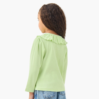 Juniors Girls Ruffled Collar T-shirt with Ribbed Texture - Cotton - Long Sleeves