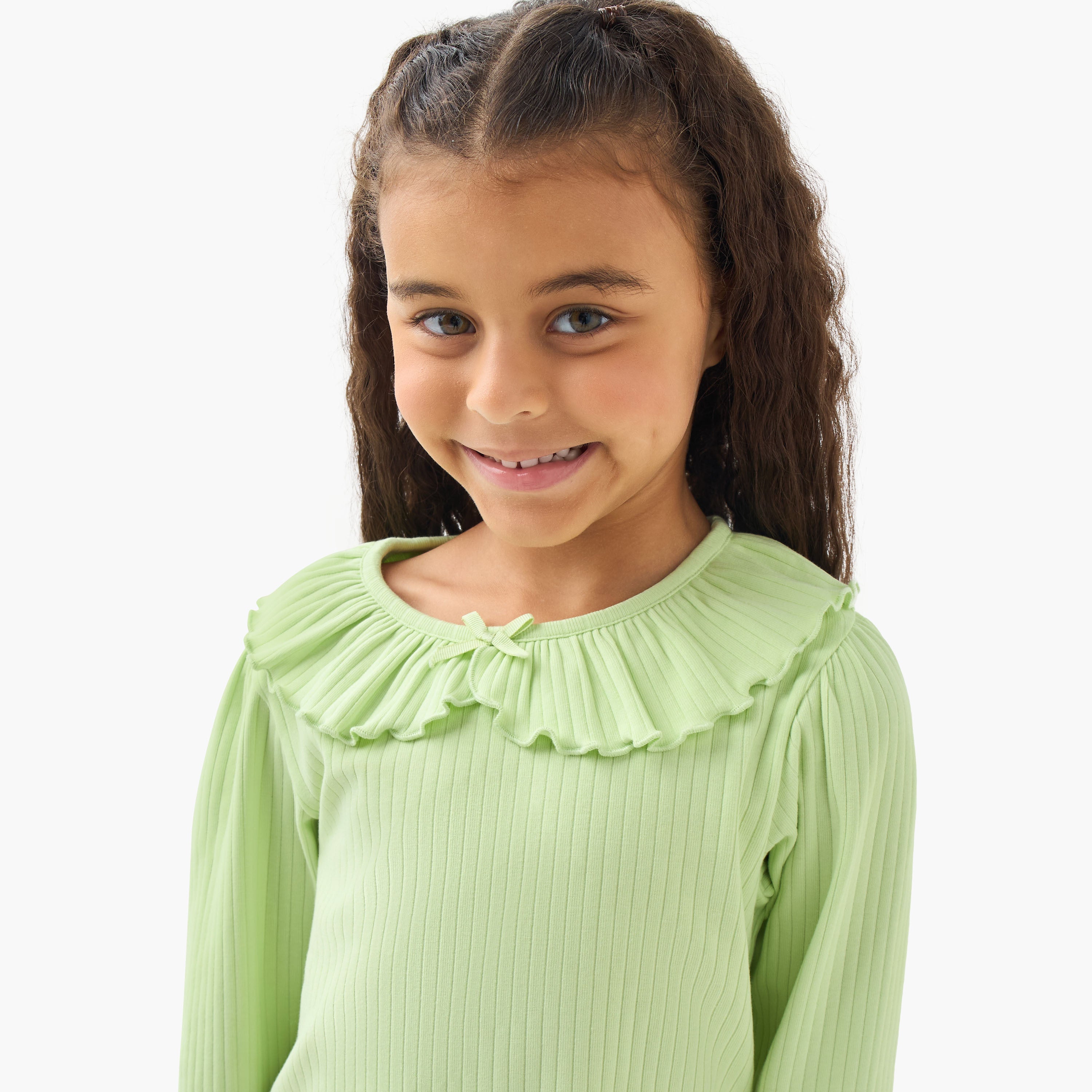 Juniors Girls Ruffled Collar T-shirt with Ribbed Texture - Cotton - Long Sleeves