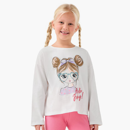 Juniors Girls Crew Neck T-shirt with Graphic Print - Cotton - Long Sleeves - White / 1-2 yrs