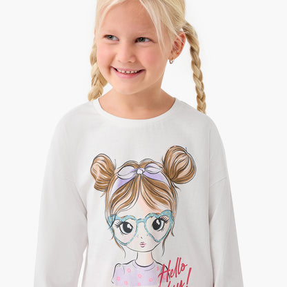 Juniors Girls Crew Neck T-shirt with Graphic Print - Cotton - Long Sleeves