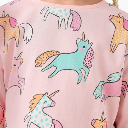 Juniors Girls Crew Neck T-shirt with Unicorn Print - Cotton - Long Sleeves