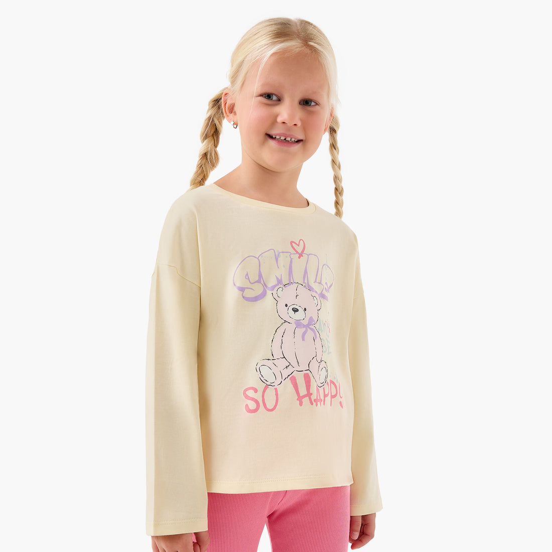 Juniors Girls Crew Neck T-shirt with Teddy Bear Print - Cotton - Long Sleeves - Cream / 1-2 yrs