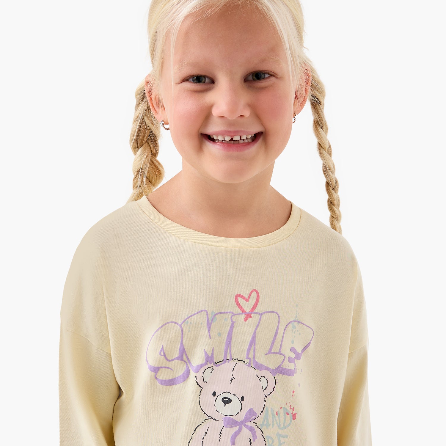 Juniors Girls Crew Neck T-shirt with Teddy Bear Print - Cotton - Long Sleeves