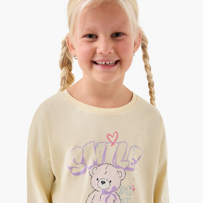 Juniors Girls Crew Neck T-shirt with Teddy Bear Print - Cotton - Long Sleeves