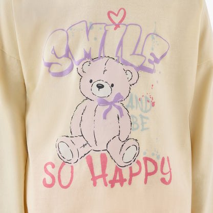 Juniors Girls Crew Neck T-shirt with Teddy Bear Print - Cotton - Long Sleeves