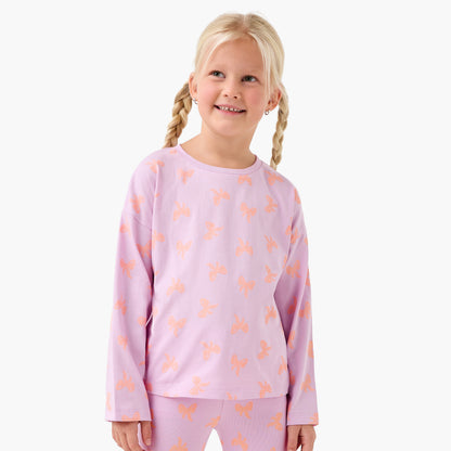 Juniors Girls Crew Neck T-shirt with Bow Print - Cotton - Long Sleeves - Purple / 1-2 yrs