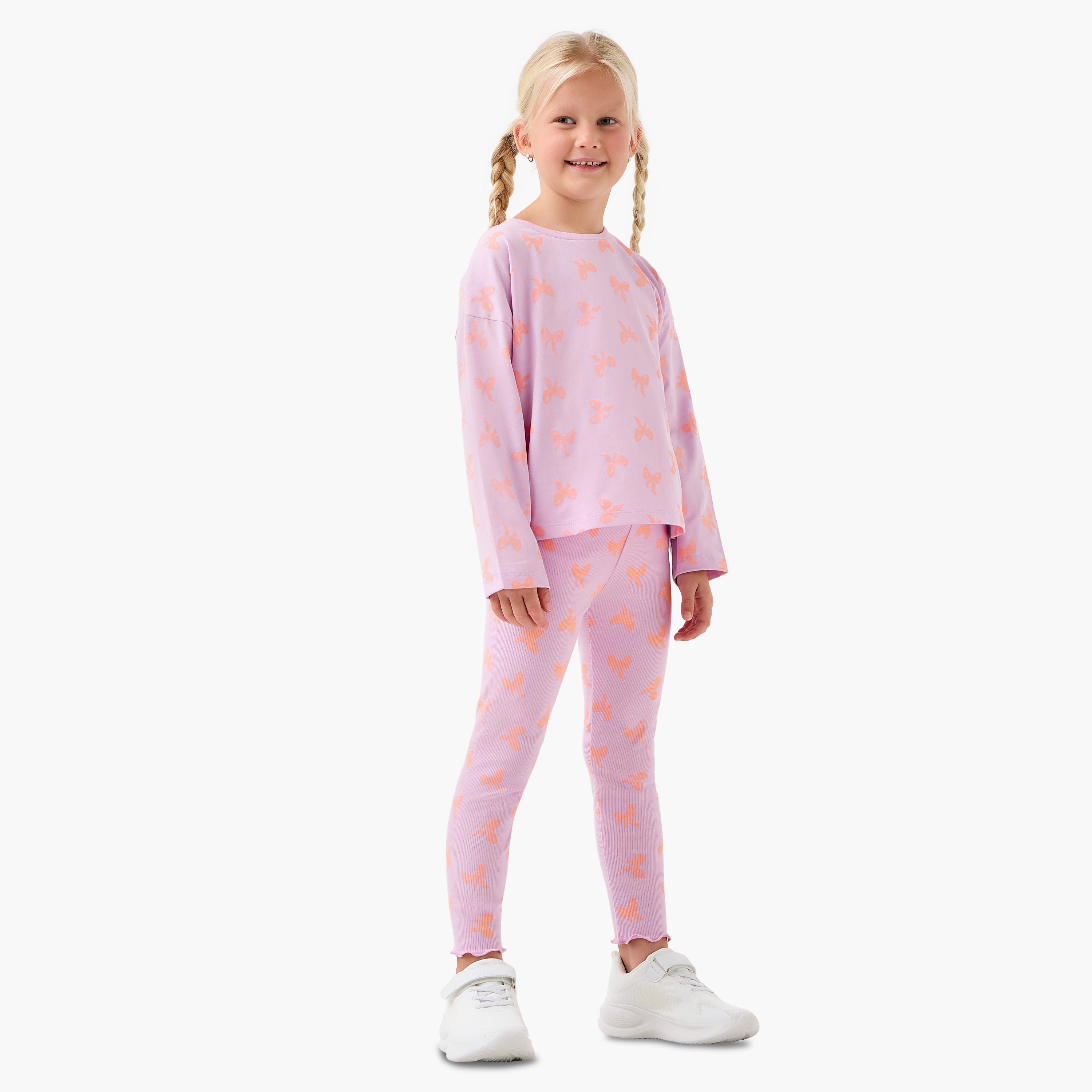 Juniors Girls Crew Neck T-shirt with Bow Print - Cotton - Long Sleeves