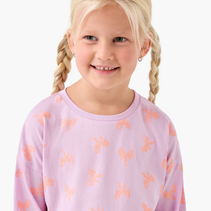 Juniors Girls Crew Neck T-shirt with Bow Print - Cotton - Long Sleeves