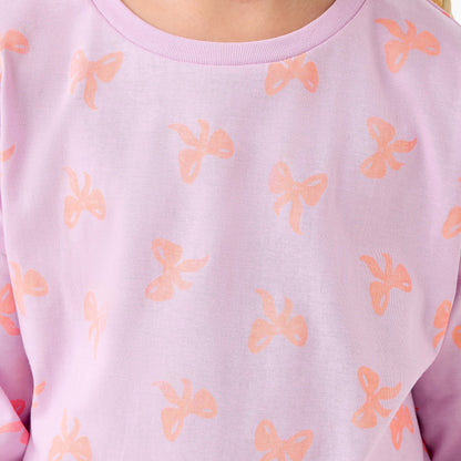 Juniors Girls Crew Neck T-shirt with Bow Print - Cotton - Long Sleeves