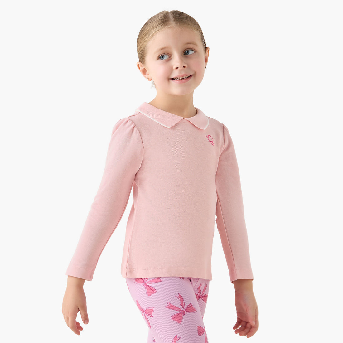 Juniors Polo Neck Long SleevesT-shirt with Butterfly Embroidery - Pink / 1-2 yrs