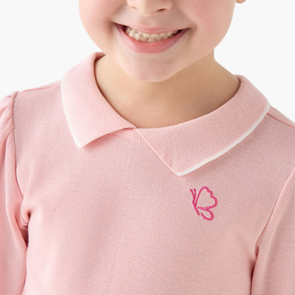 Juniors Polo Neck Long SleevesT-shirt with Butterfly Embroidery