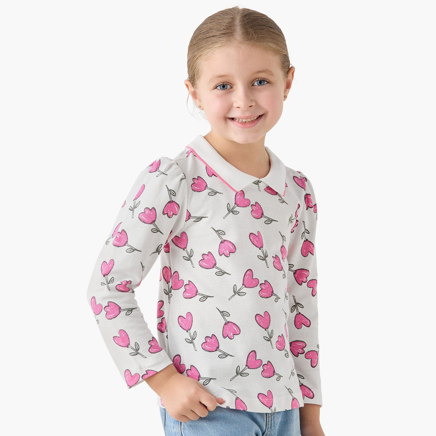 Juniors Polo Neck Short Sleeves T-shirt with Floral Print - White / 1-2 yrs