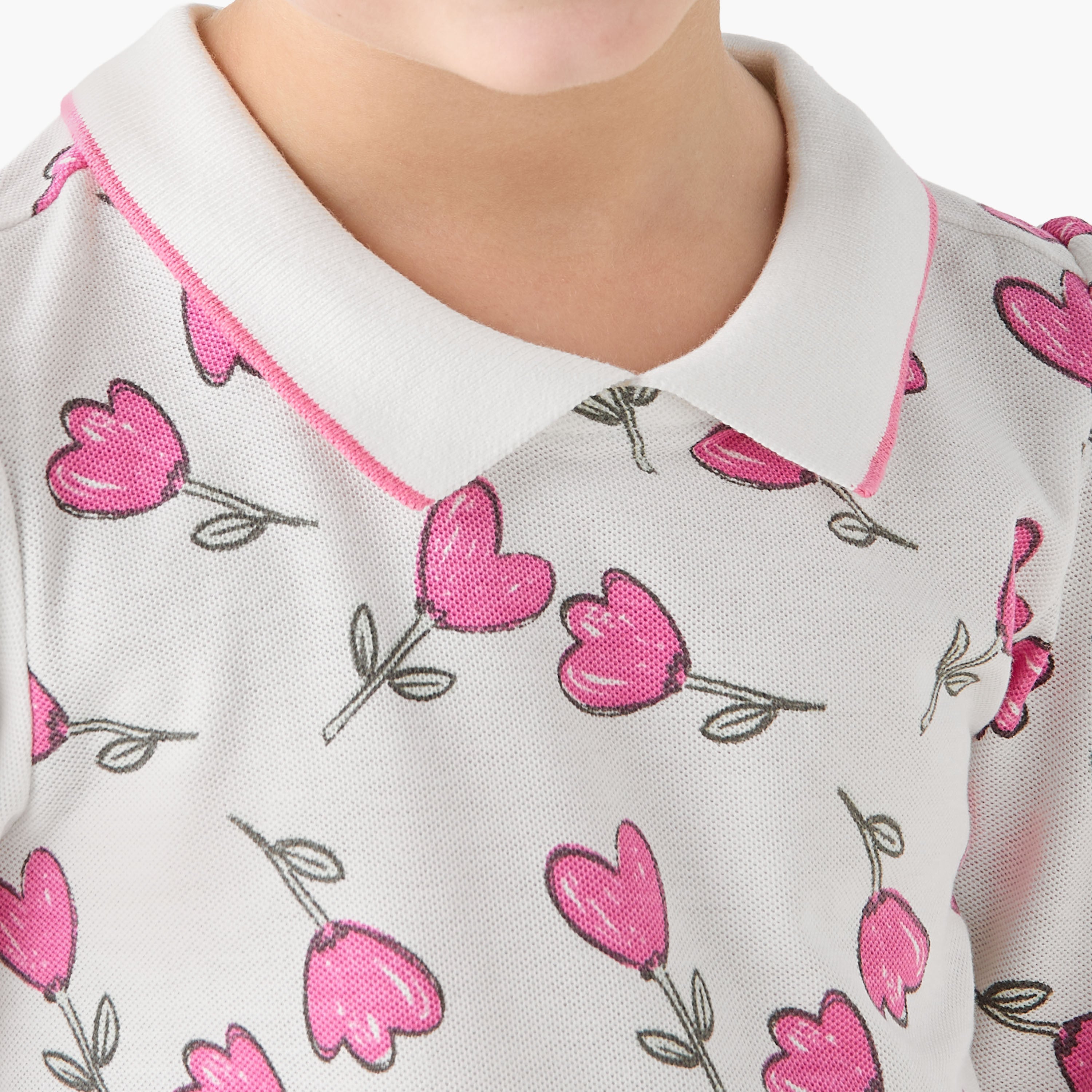 Juniors Polo Neck Short Sleeves T-shirt with Floral Print