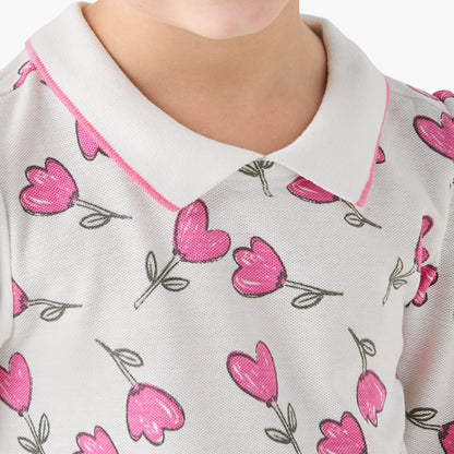 Juniors Polo Neck Short Sleeves T-shirt with Floral Print