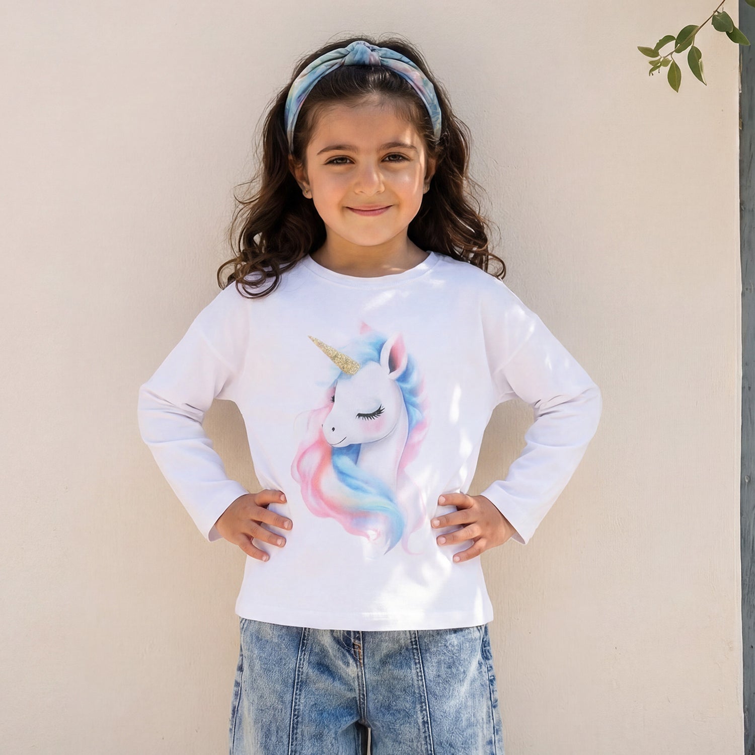 Juniors Girls Crew Neck T-shirt with Butterfly Print - Cotton - Long Sleeves - Yellow / 1-2 yrs
