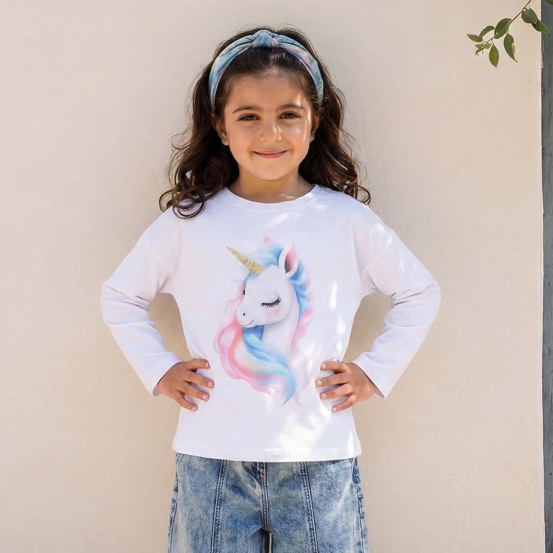 Juniors Girls Crew Neck T-shirt with Butterfly Print - Cotton - Long Sleeves