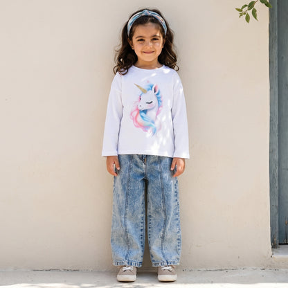Juniors Girls Crew Neck T-shirt with Butterfly Print - Cotton - Long Sleeves