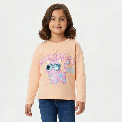 Juniors Crew Neck Long Sleeves T-shirt with Cat Print