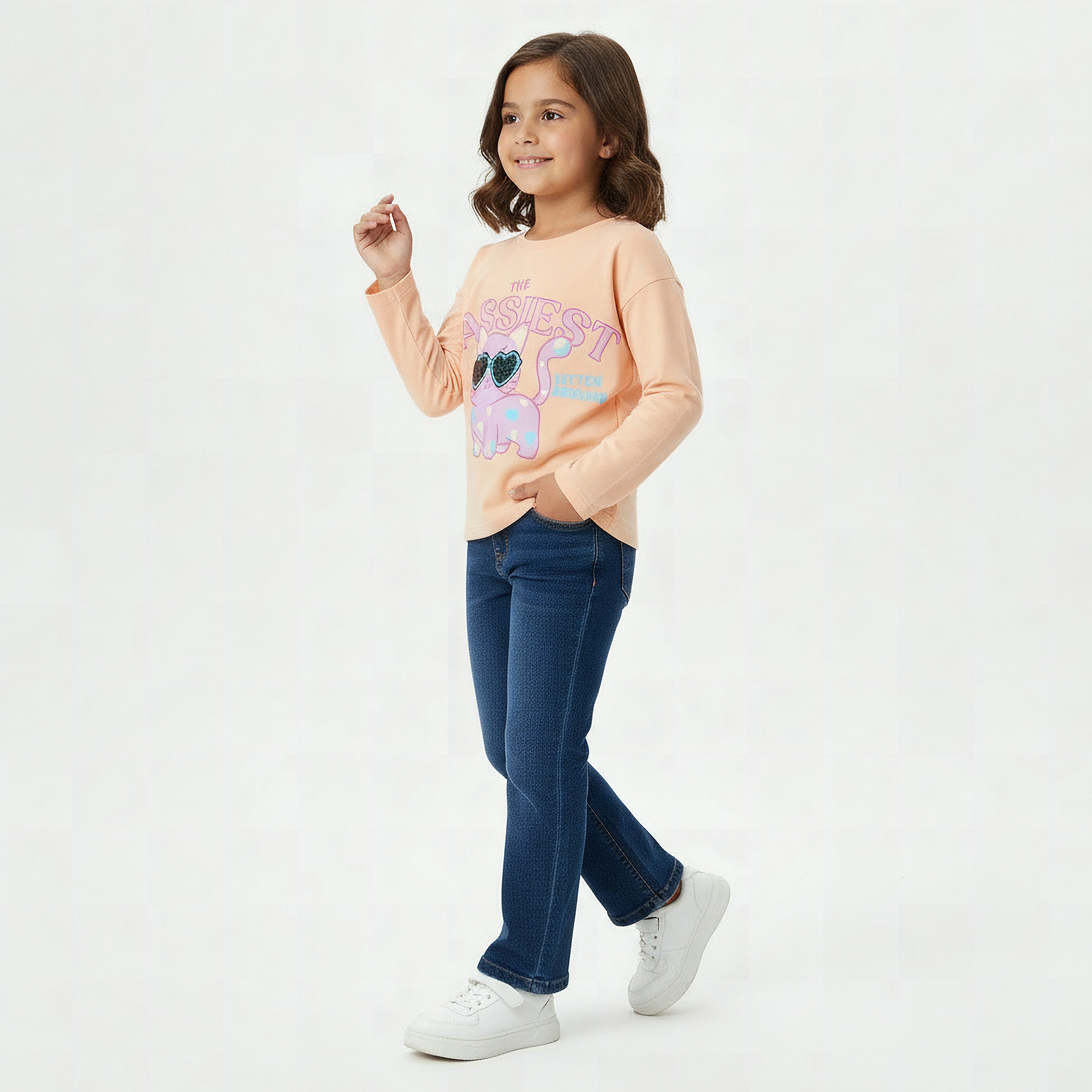 Juniors Crew Neck Long Sleeves T-shirt with Cat Print