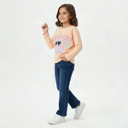 Juniors Crew Neck Long Sleeves T-shirt with Cat Print